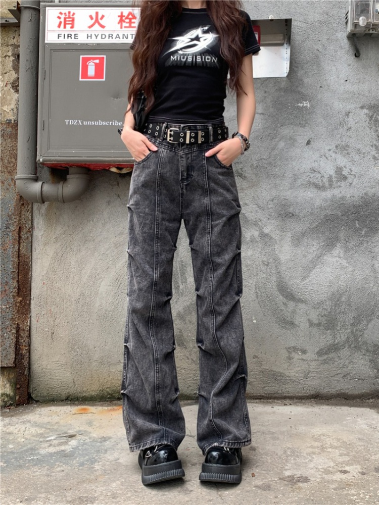 Folds high waist retro slim American style jeans for women