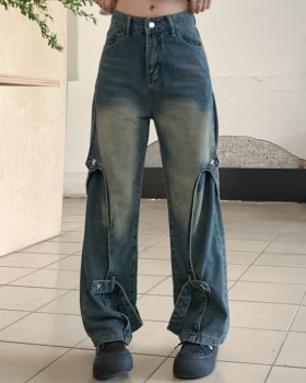 Large yard wide leg American style straight pants washed jeans
