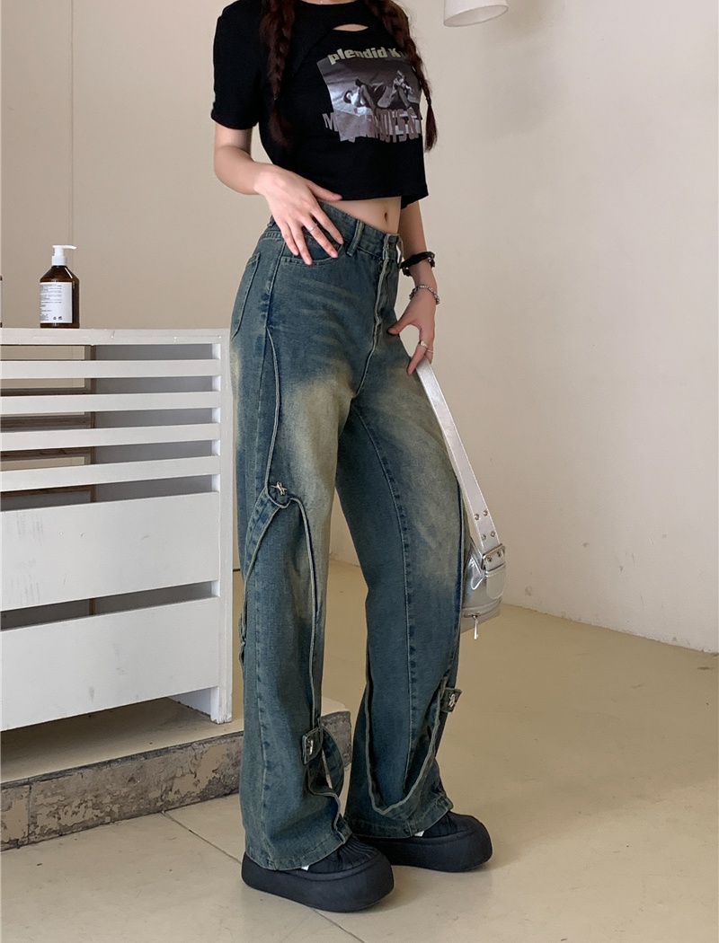 Large yard wide leg American style straight pants washed jeans