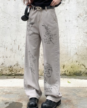 Lengthen printing jeans American style large yard pants