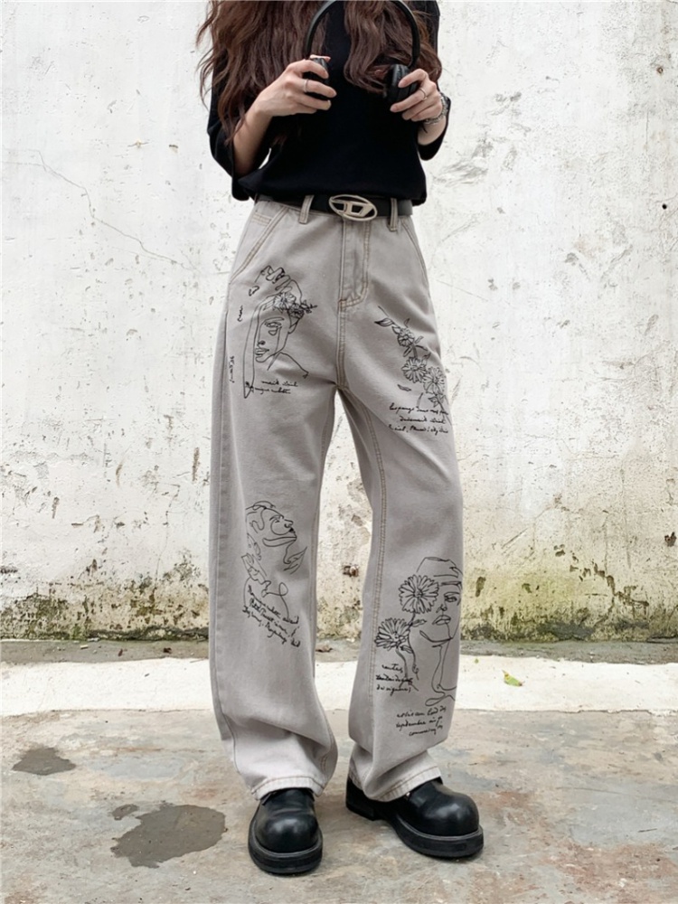 Lengthen printing jeans American style large yard pants