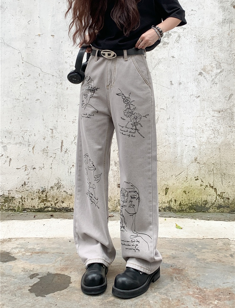 Lengthen printing jeans American style large yard pants