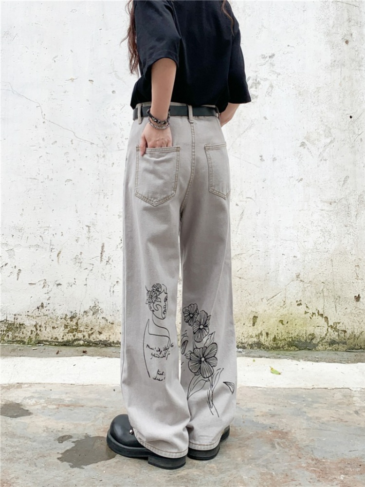 Lengthen printing jeans American style large yard pants