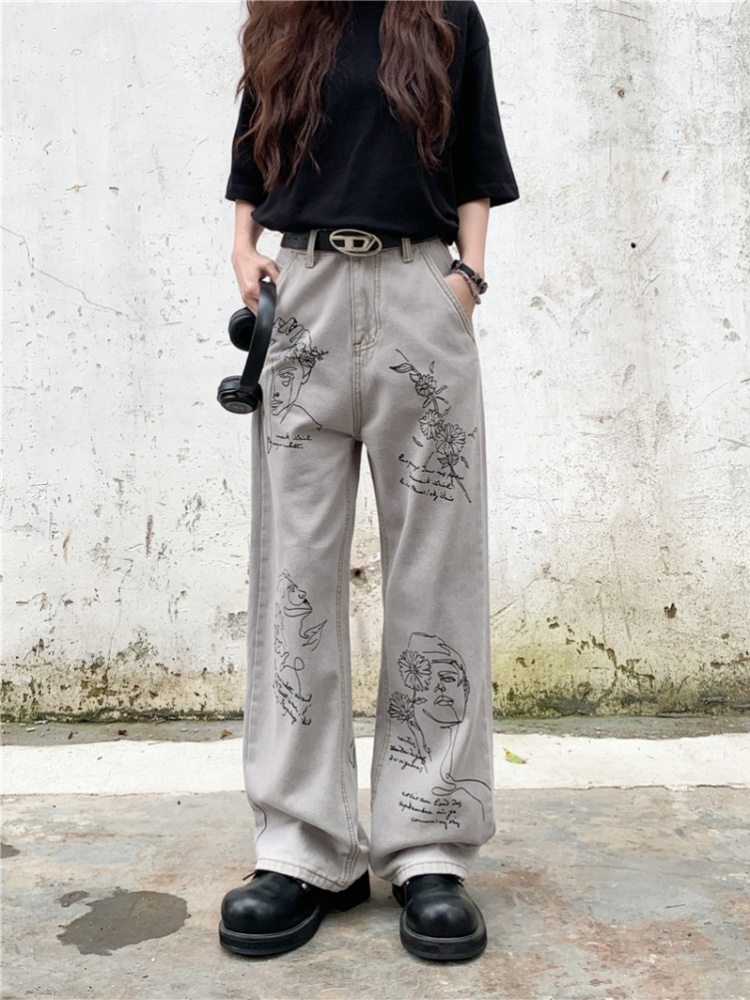 Lengthen printing jeans American style large yard pants