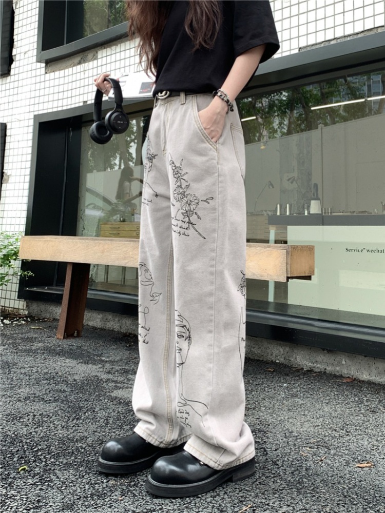 Lengthen printing jeans American style large yard pants