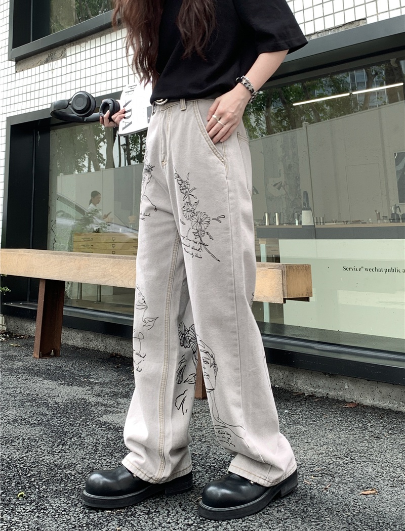 Lengthen printing jeans American style large yard pants