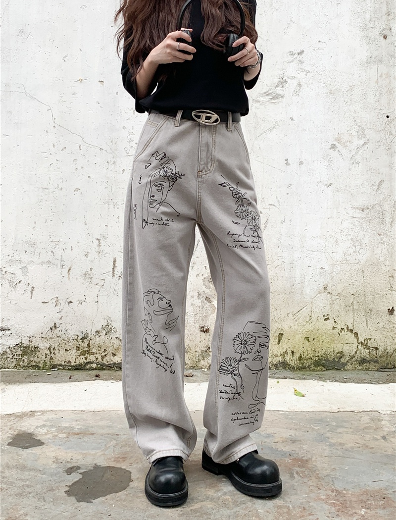 Lengthen printing jeans American style large yard pants