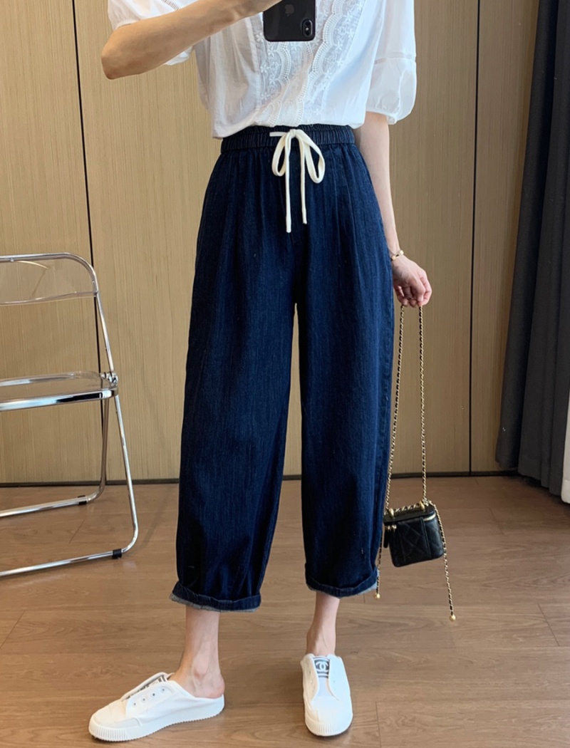 Nine tenths Japanese style jeans elastic wide leg pants