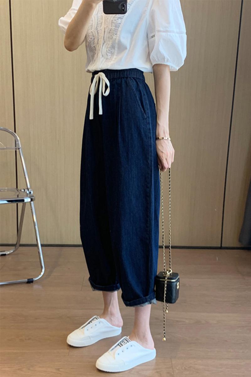 Nine tenths Japanese style jeans elastic wide leg pants