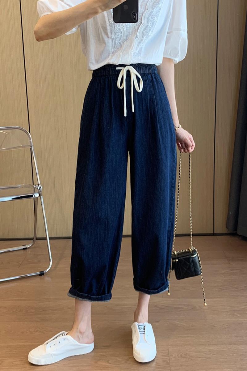 Nine tenths Japanese style jeans elastic wide leg pants