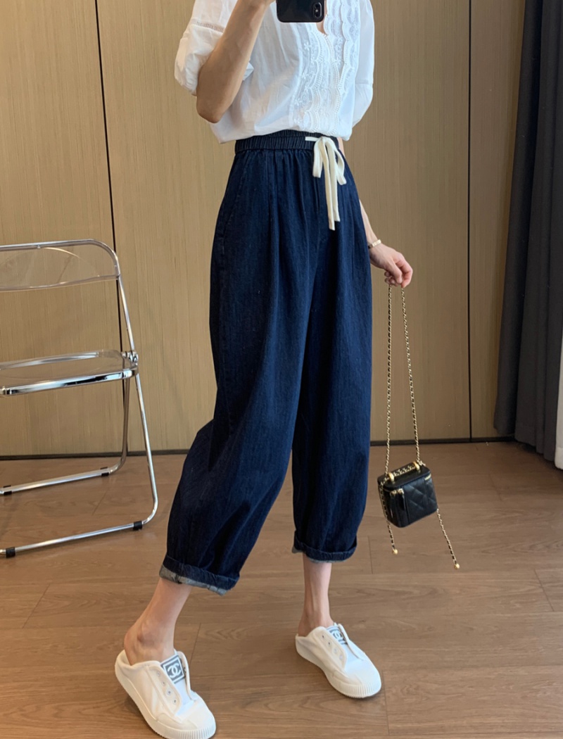 Nine tenths Japanese style jeans elastic wide leg pants