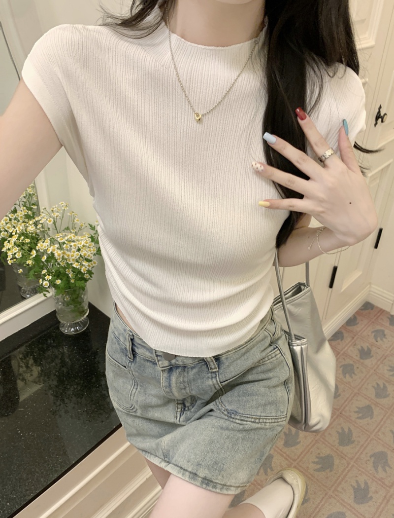 Stand collar spicegirl tops knitted slim T-shirt for women