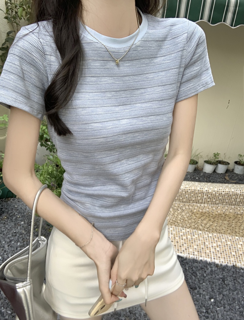 Short mixed colors summer tops slim stripe T-shirt for women