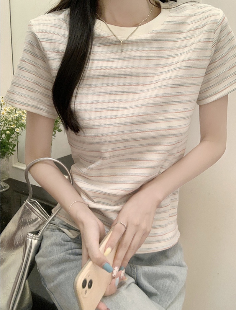 Short mixed colors summer tops slim stripe T-shirt for women