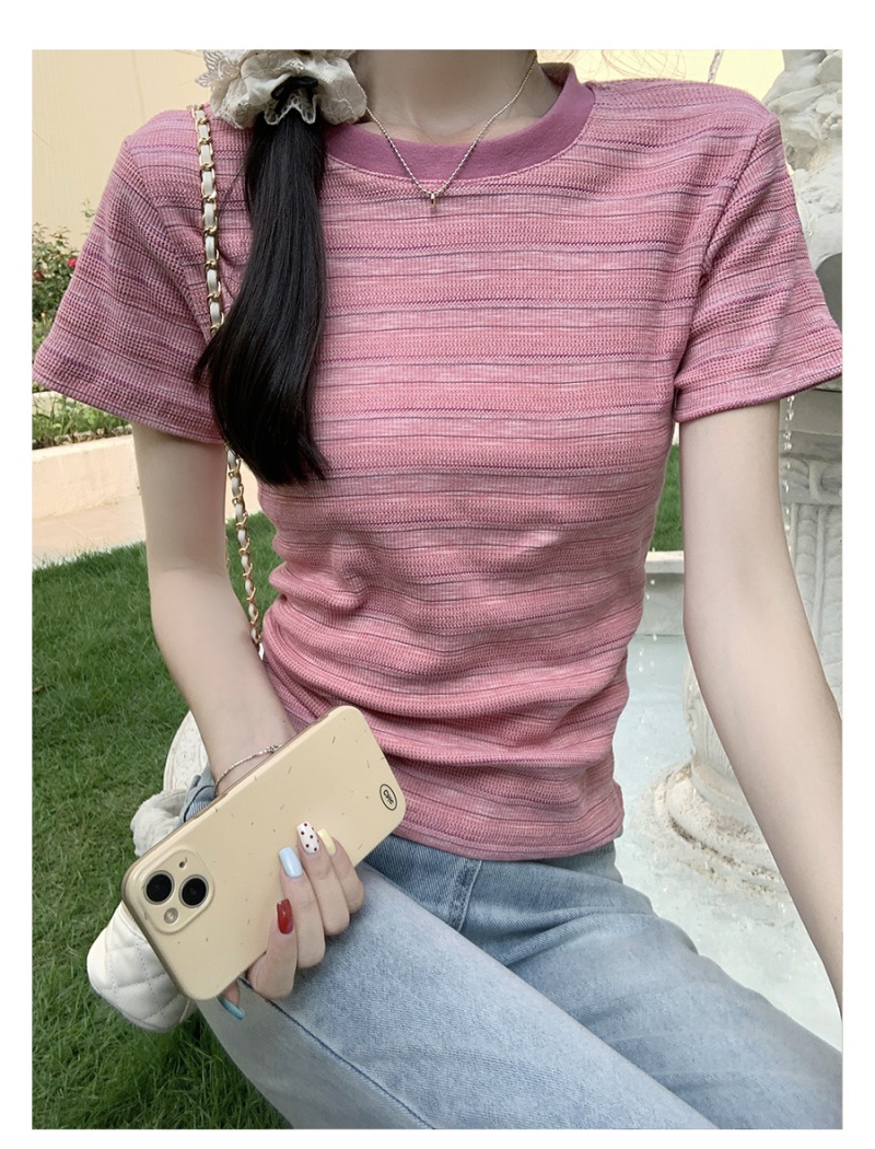 Short mixed colors summer tops slim stripe T-shirt for women