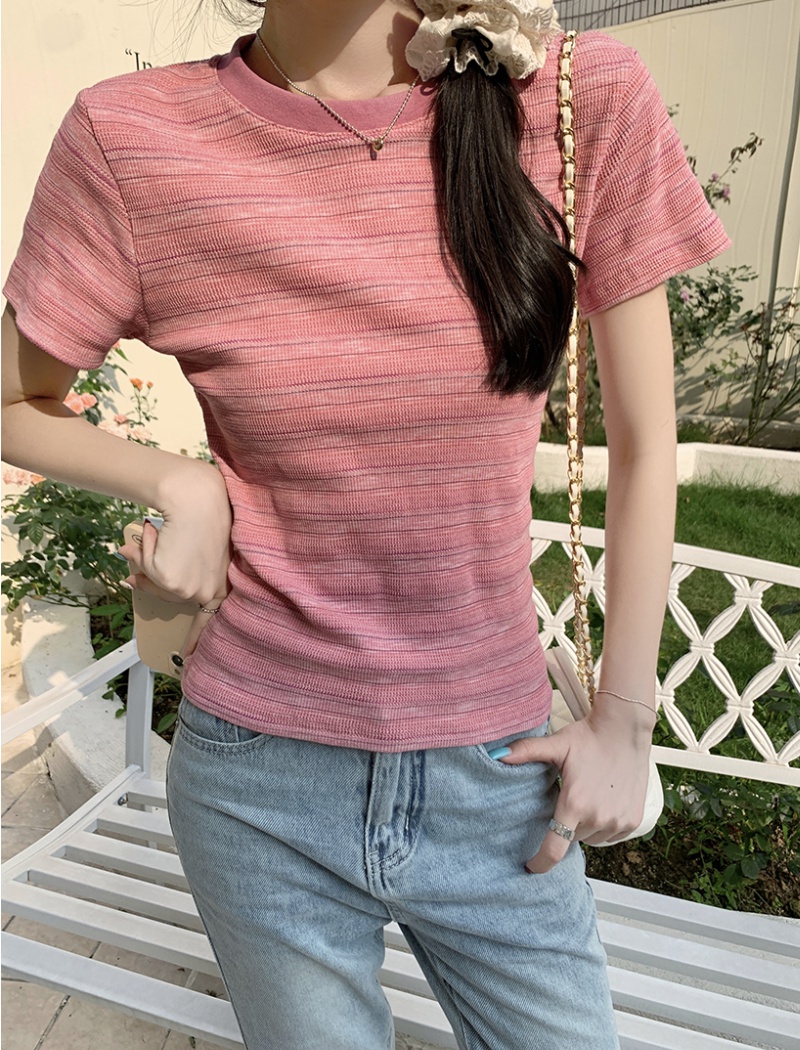 Short mixed colors summer tops slim stripe T-shirt for women