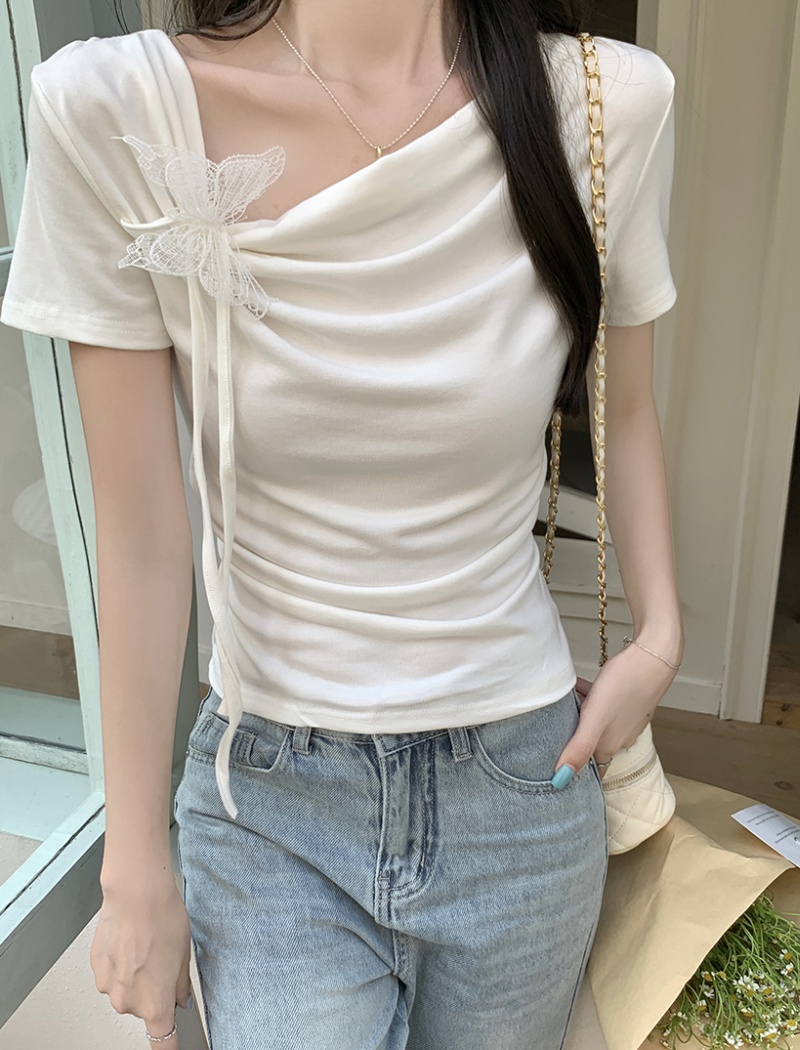 Butterfly oblique collar tops summer T-shirt for women