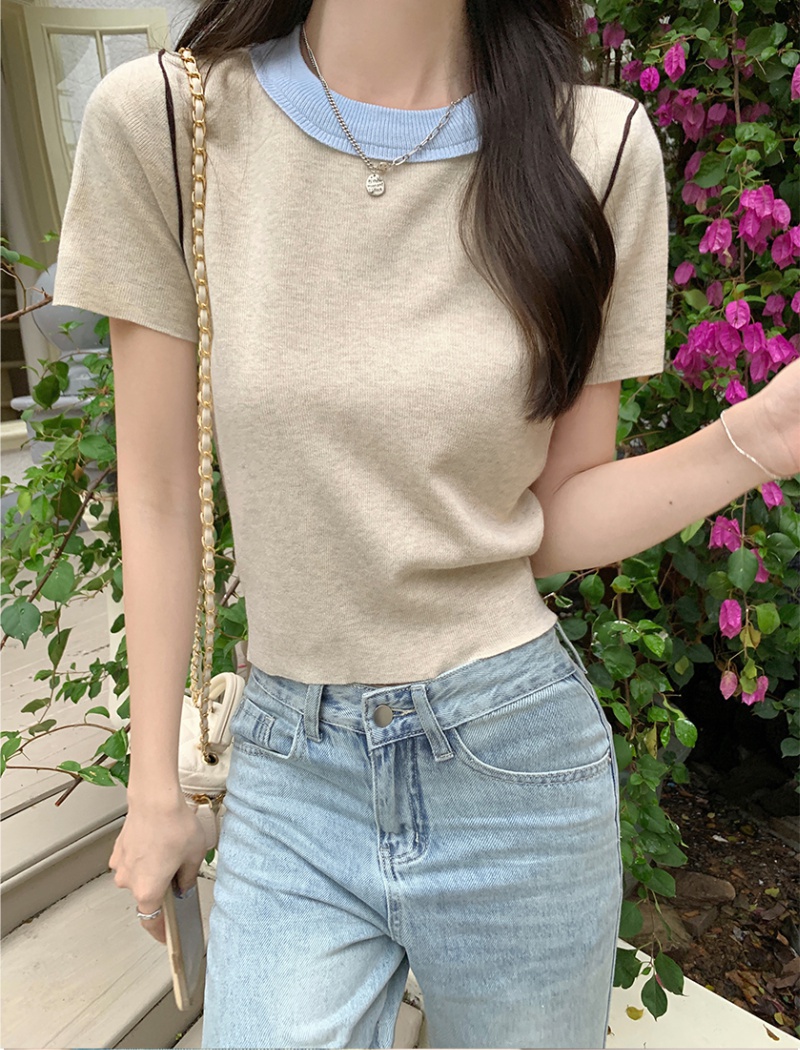 Mixed colors knitted tops short T-shirt for women