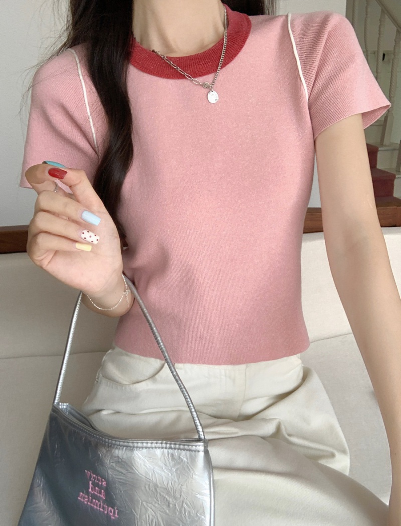 Mixed colors knitted tops short T-shirt for women