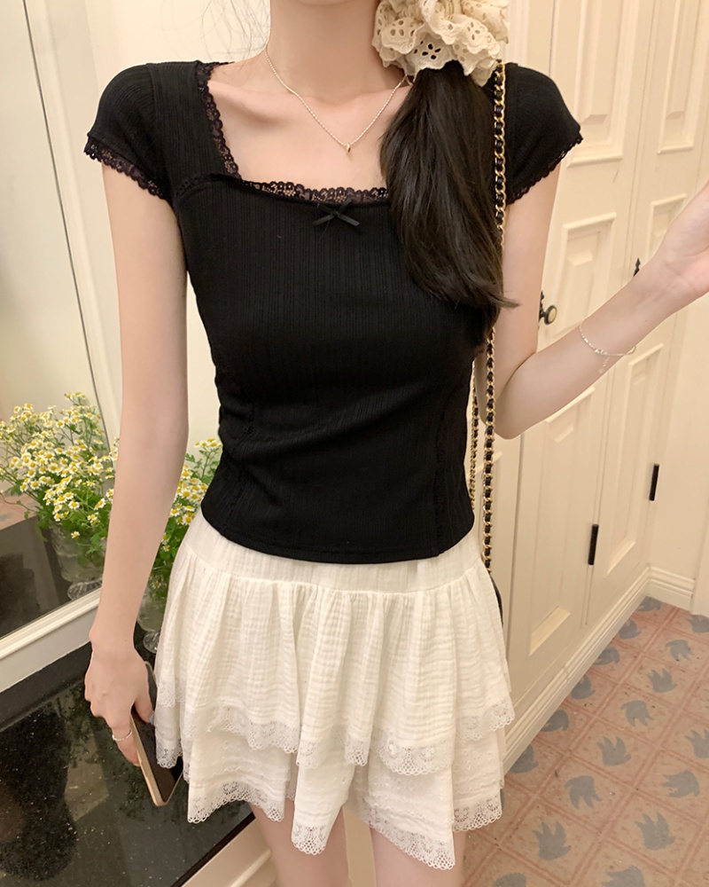 Short niche summer T-shirt short sleeve bow lace tops