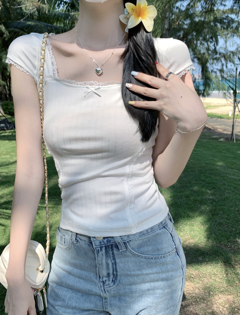 Short niche summer T-shirt short sleeve bow lace tops