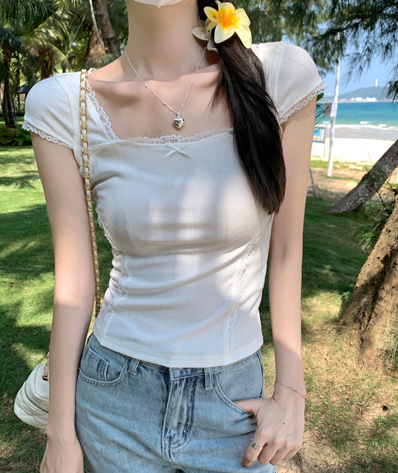 Short niche summer T-shirt short sleeve bow lace tops