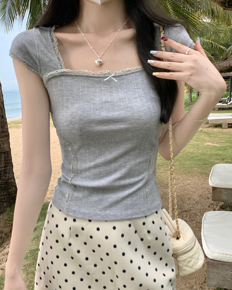 Short niche summer T-shirt short sleeve bow lace tops