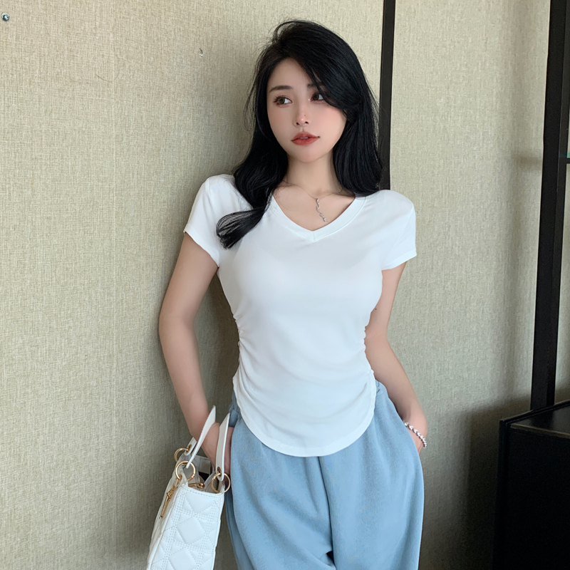 Summer short sleeve short tops V-neck slim niche T-shirt for women