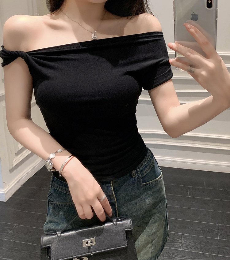 Sexy flat shoulder enticement T-shirt short short sleeve tops