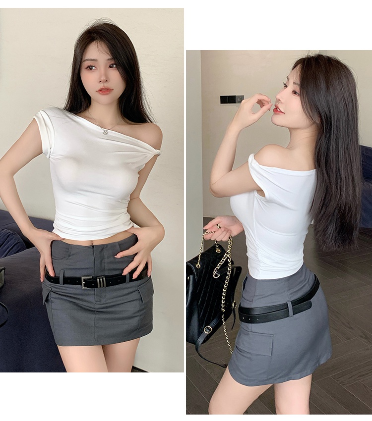 Sexy flat shoulder enticement T-shirt short short sleeve tops