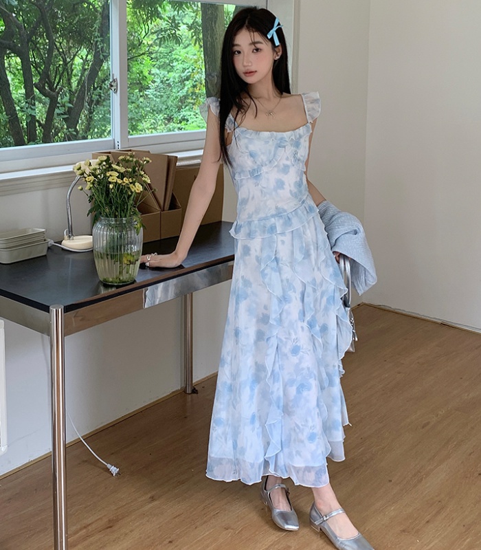 Floral sling dress lady long dress 2pcs set for women