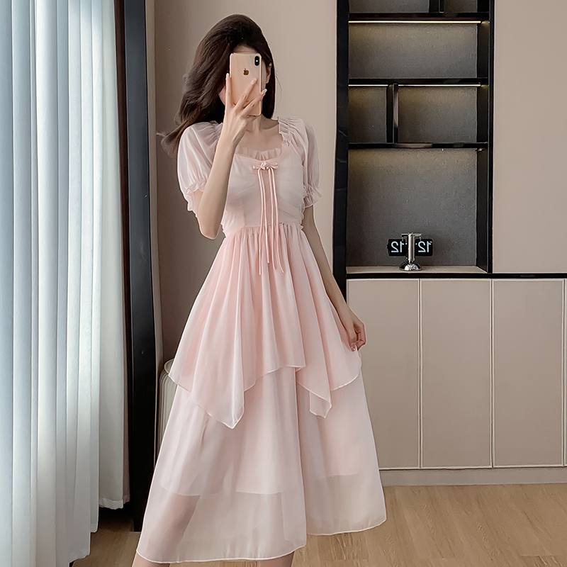 Summer pinched waist long dress slim sweet dress