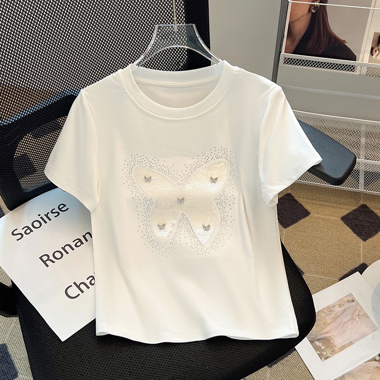 Short sleeve butterfly tops summer sequins T-shirt for women