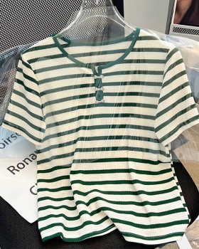 V-neck stripe tops loose green T-shirt for women