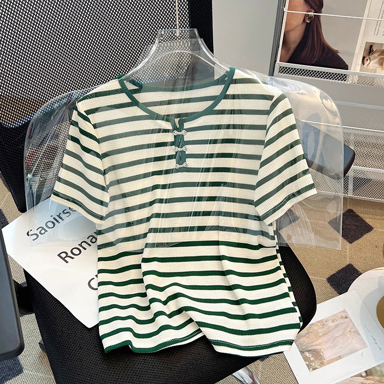 V-neck stripe tops loose green T-shirt for women