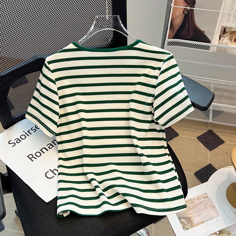 V-neck stripe tops loose green T-shirt for women