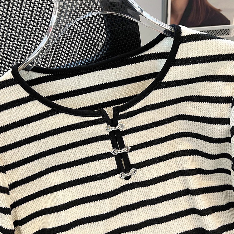 V-neck stripe tops loose green T-shirt for women