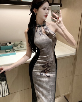 Elegant mixed colors retro dress long slim cheongsam