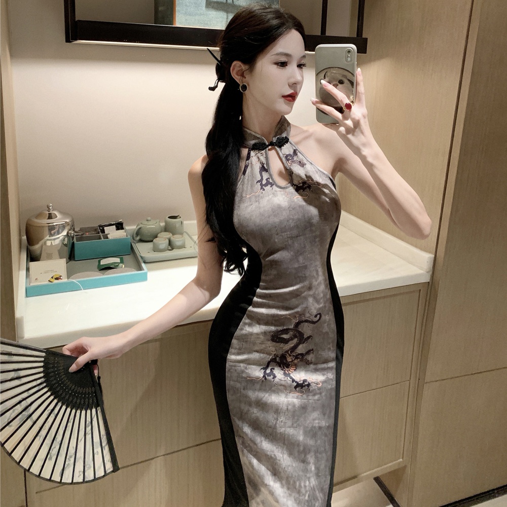 Elegant mixed colors retro dress long slim cheongsam