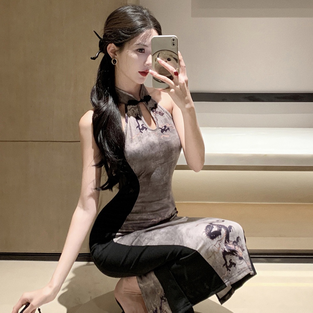 Elegant mixed colors retro dress long slim cheongsam