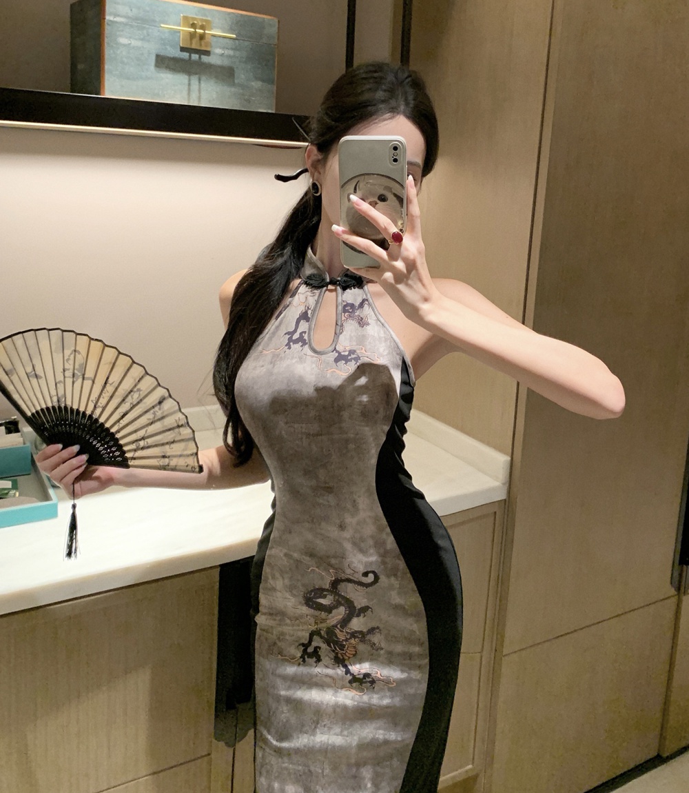 Elegant mixed colors retro dress long slim cheongsam