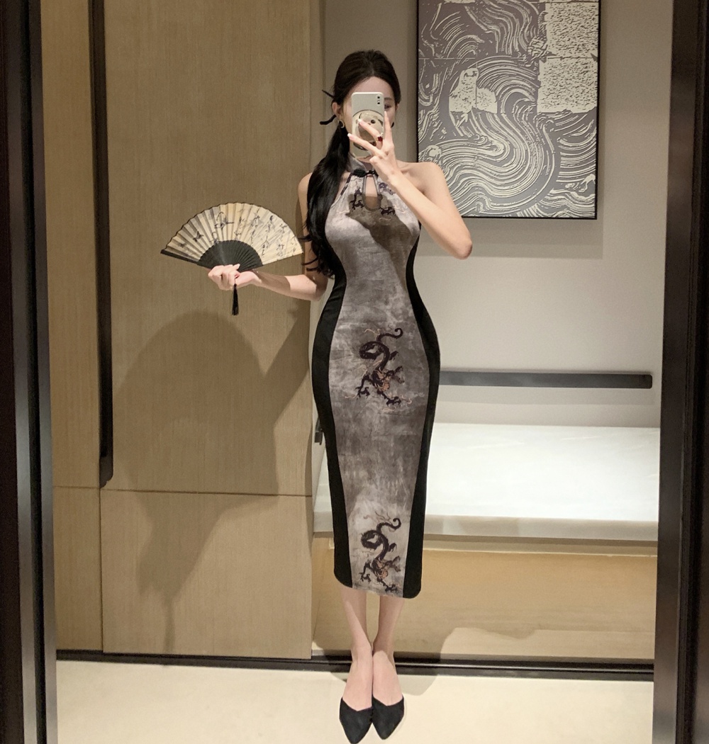 Elegant mixed colors retro dress long slim cheongsam