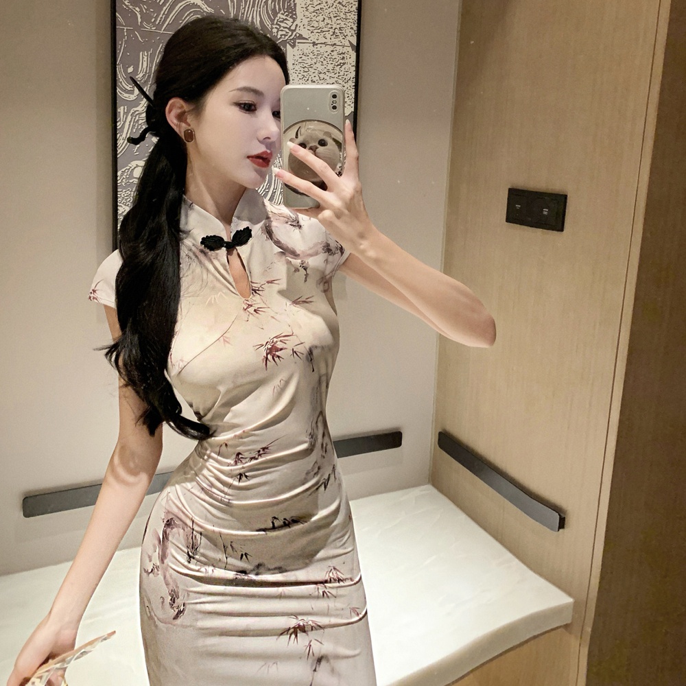 Retro printing dress slim Chinese style cheongsam