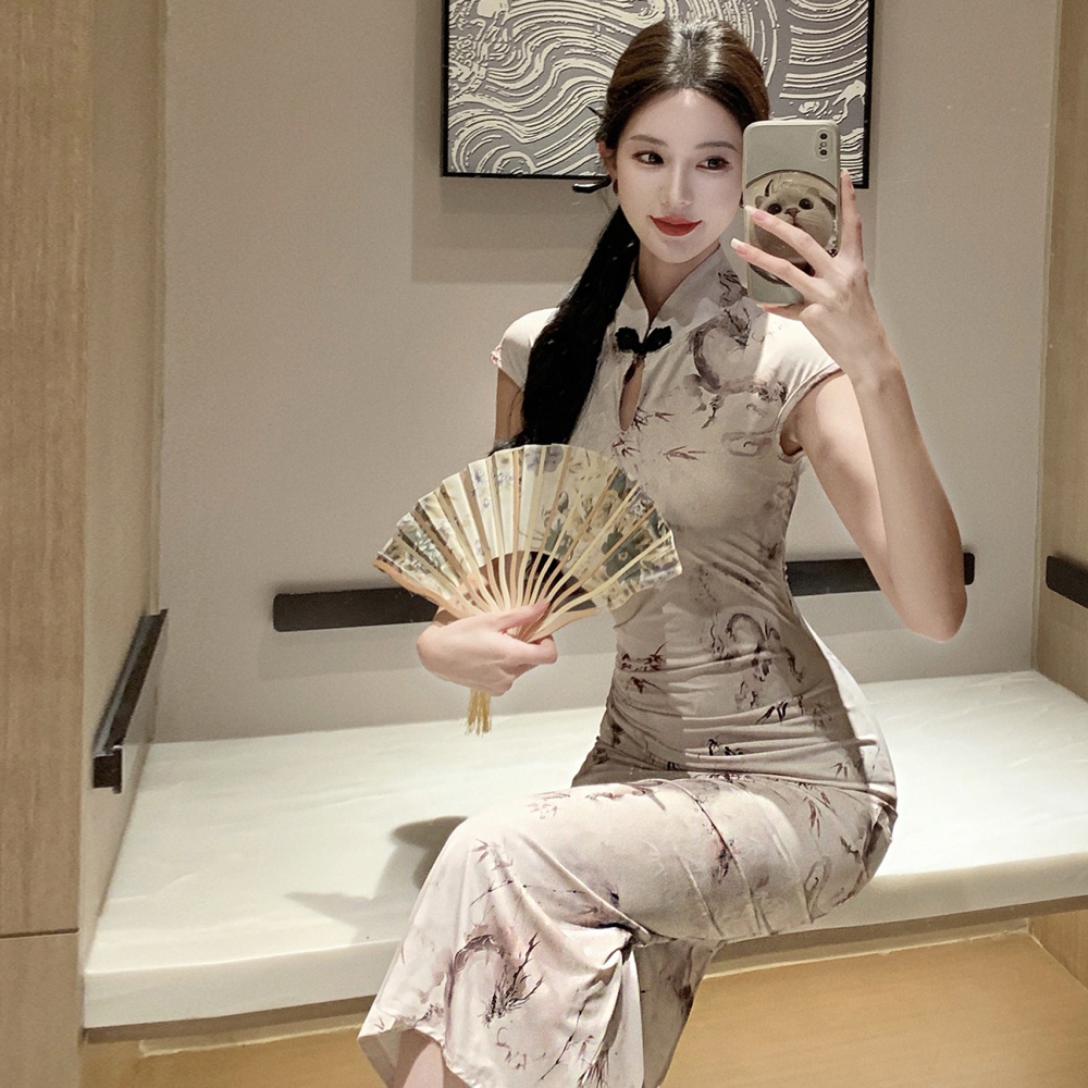 Retro printing dress slim Chinese style cheongsam