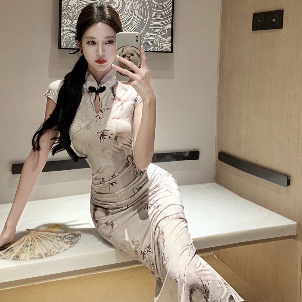 Retro printing dress slim Chinese style cheongsam