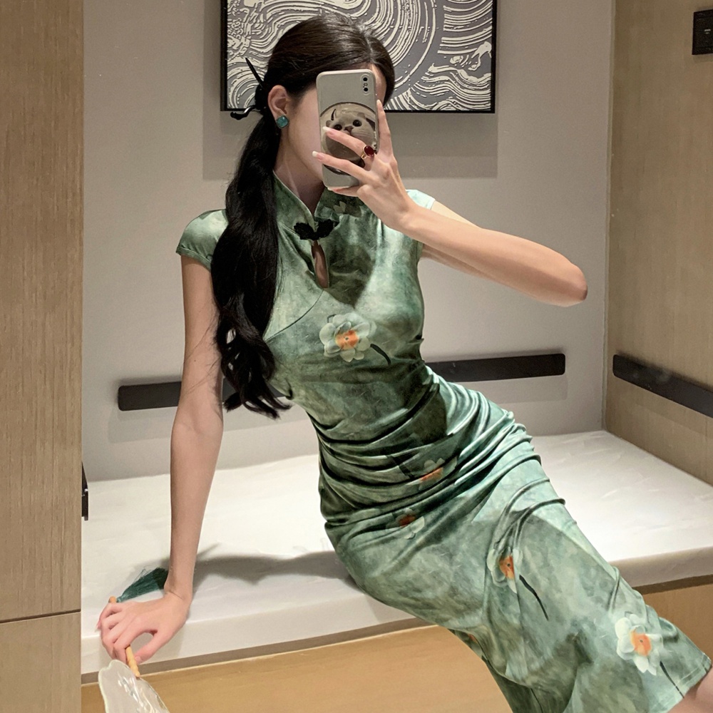 Retro elegant dress slim printing cheongsam