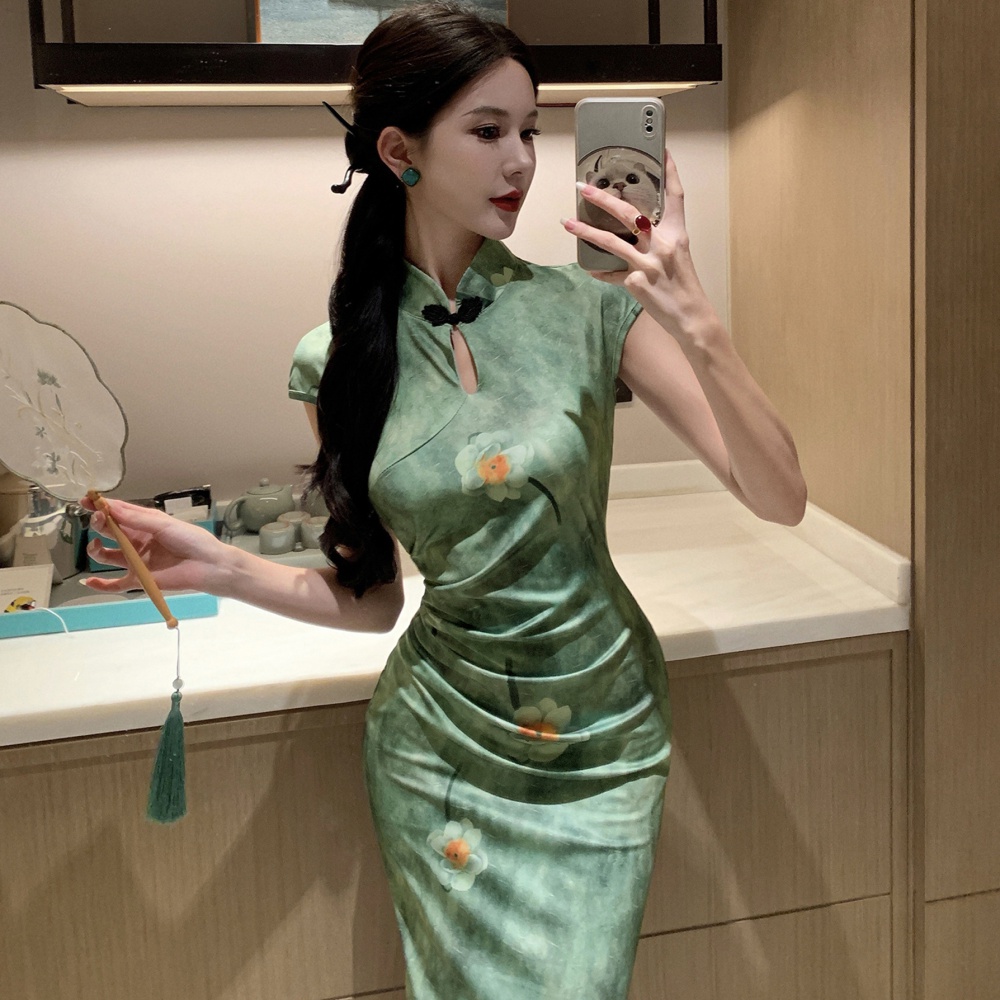 Retro elegant dress slim printing cheongsam