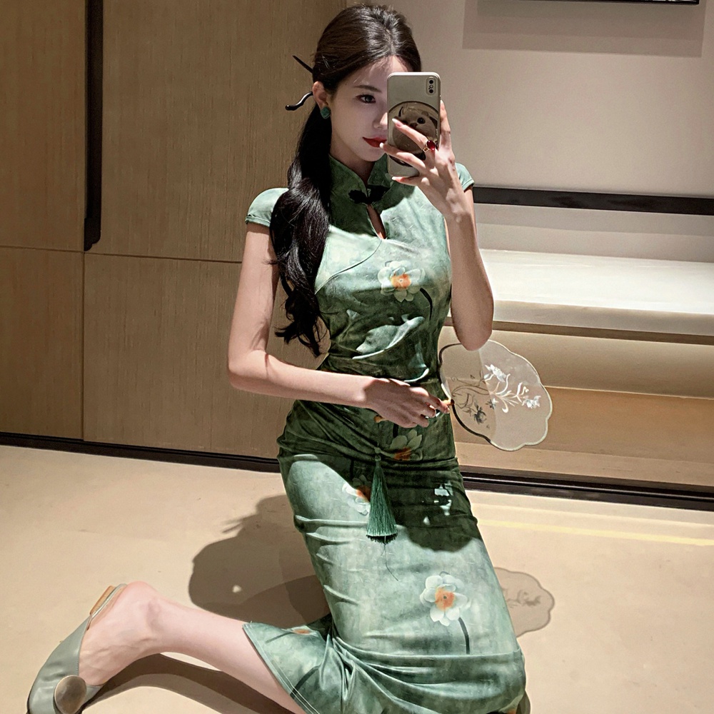 Retro elegant dress slim printing cheongsam