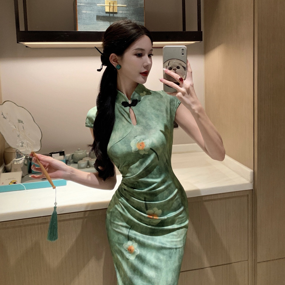 Retro elegant dress slim printing cheongsam