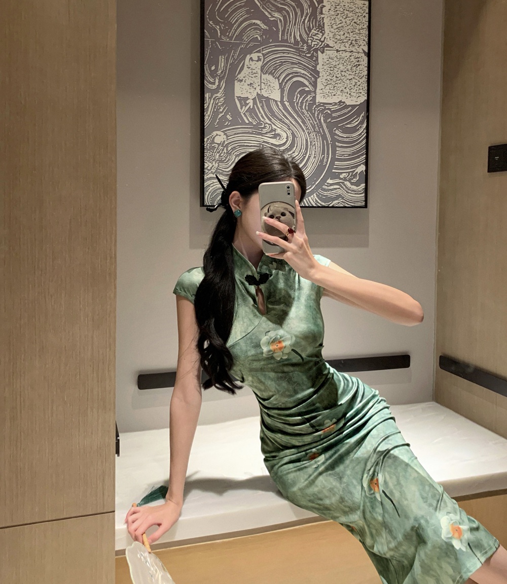 Retro elegant dress slim printing cheongsam